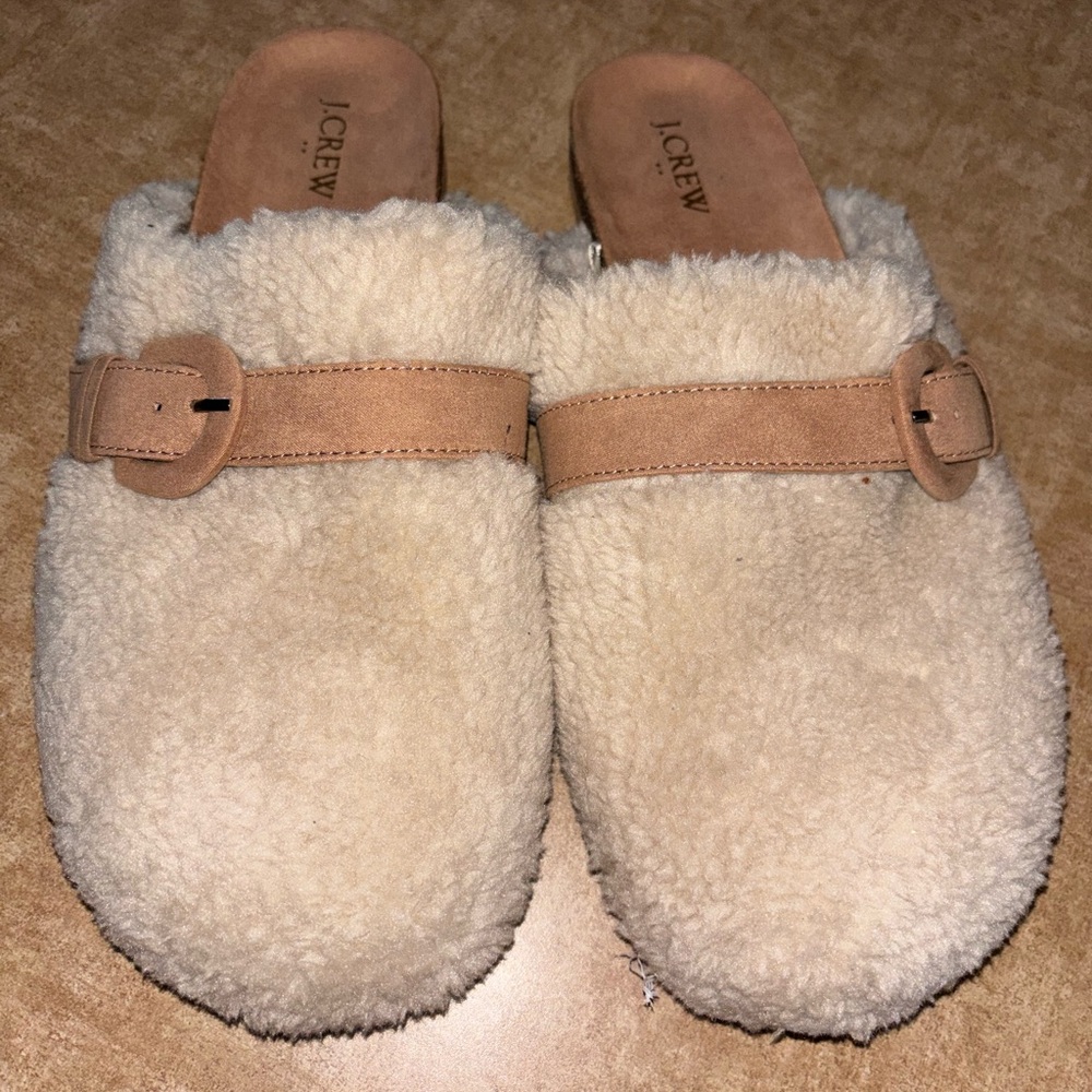 J. Crew Cream Shearling Mule Clogs with Tan Buckle Strap